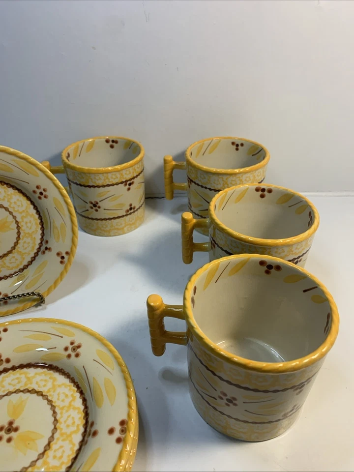 HTF 4 Sets Temptations Temp-Tations Tara Old World Yellow Hanging Mugs & Saucers - Image 2 of 4
