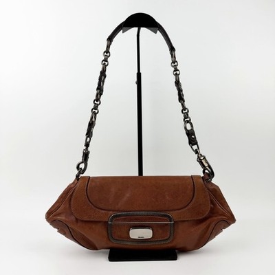 Auth PRADA Leather Chain Shoulder Bag Brown Gunmetal Hardware Vintage