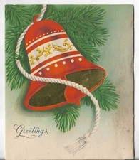 Vtg Christmas Greeting Card 4.5x5.5 Red Bell Gold Design White Rop Pine Limb
