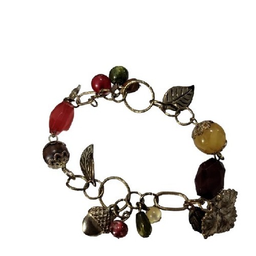 Vintage Fall Acorn Bracelet Glass Bead Clusters Metal Leaves Chain Link Seasonal - Bild 5 von 8