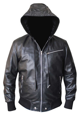 Mens Terminator Genisys Jai Courtney Classic Bomber Hooded Leather Jacket