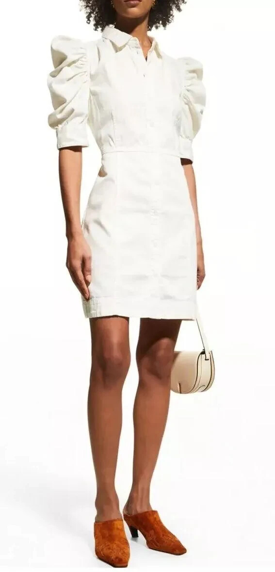 white denim dress puff sleeve FRAME Gillian Dress | Ecru