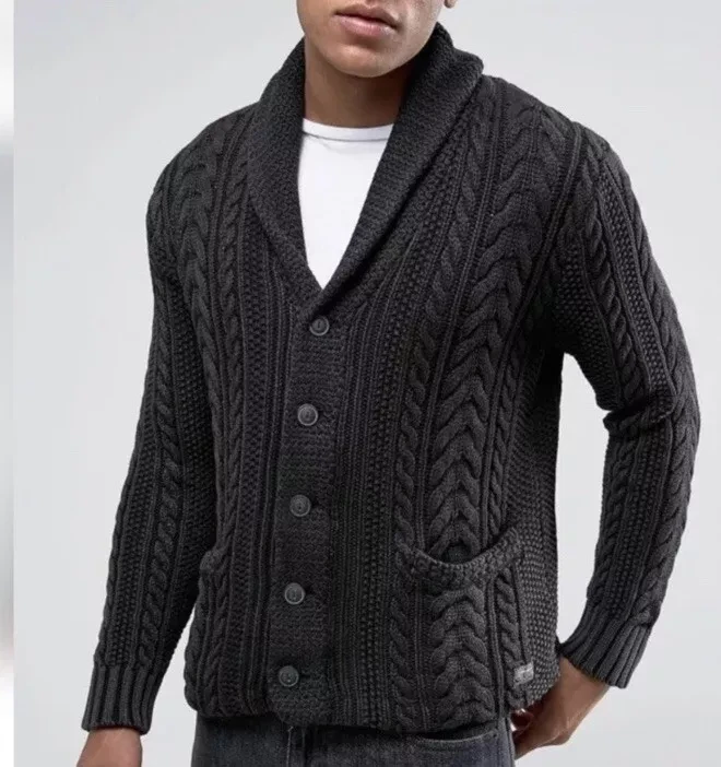 RARO Denim & Supply Ralph Lauren Negro Tejido con Cable Cárdigan Suéter L Foto 2 de 4