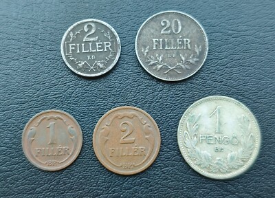 HUNGARY 1-2-20 FILLER & 1 PENGO 1916-1938 MIKLOS HORTHY LOT OF 5 COINS