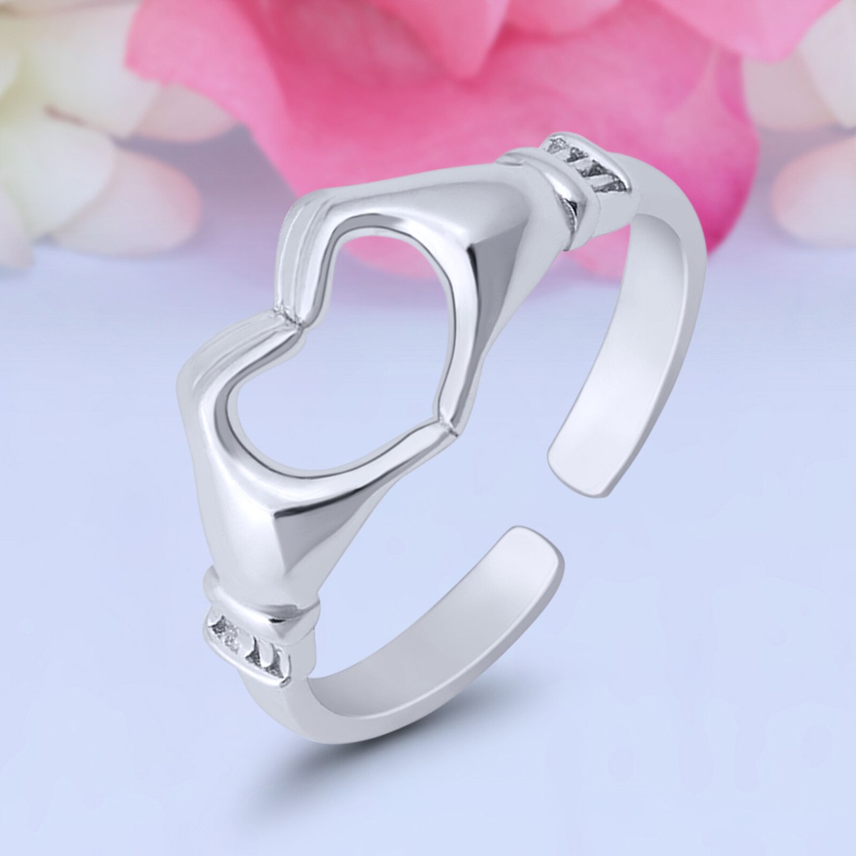 Bague De Pied (Toe Ring) Argent 925 - Mains Tenant Un Cœur - Taille 3 Ajustable - Occasion