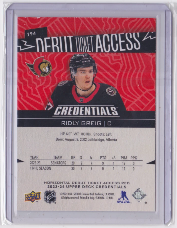 2023-24 UD CREDENTIALS DEBUT TICKET ACCESS HORIZONTAL RED /125 RIDLY GREIG #194 - Image 2 of 2