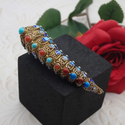 Vintage Chinese Export Turquoise Silver Enamel Flower Finger Guard Pin Brooch