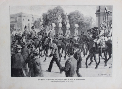 Antique Woodblock The Pick Up The Standards in Berlin for Spring Parade 1896