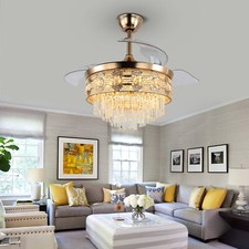 42“ Invisible Ceiling Fan Light K9 Crystal LED Chandelier 6 Speed Remote Control
