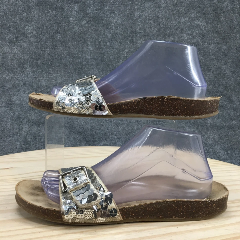 Sandalias Apostrophe para mujer 10 lentejuelas deslizables planas sin cordones gris plata cuero Foto 2 de 4