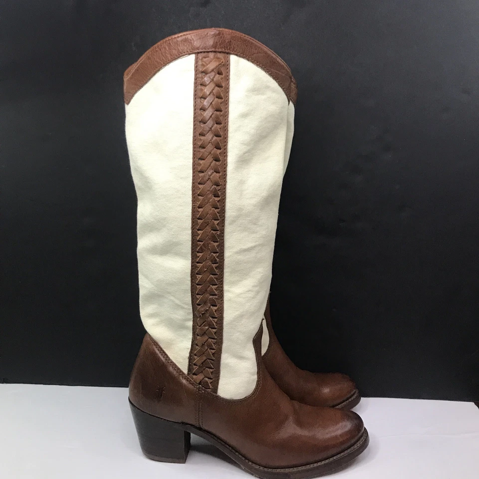 Frye Jane Braid Tan Leather Canvas Pull On Western Boots Women's Sz 6B 77225 - Image 4 of 4
