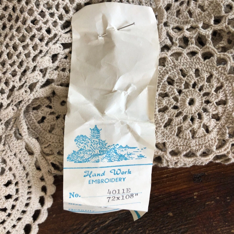 Vintage 100 % Cotton Beige Crochet Lace Tablecloth Rectangular 72"x108" - Image 2 of 4