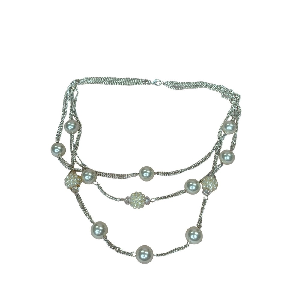 RMN 3 Strand Necklace Faux Pearl Cluster Station Beads Silvertone 20