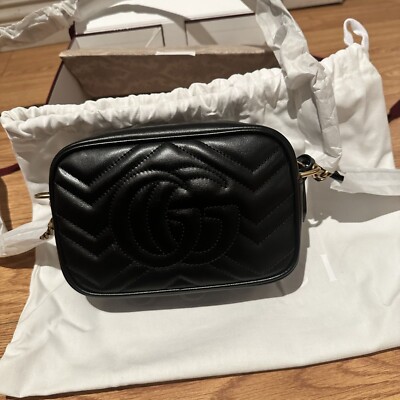 NIB Gucci Marmont Mini Camera Bag Black Leather Crossbody Gold | eBay