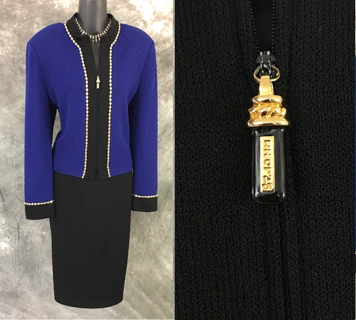 BEAUTIFUL st john collection knit blue black jacket skirt suit size 12