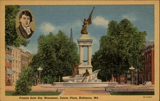 Baltimore Maryland ~ Eutaw Place ~ Francis Scott Key Monument ~ linen postcard