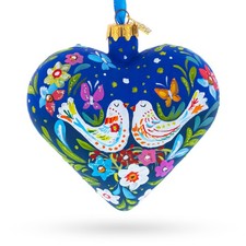 Blue Folk Art Whimsical Doves Flowers Heart Glass Ornament