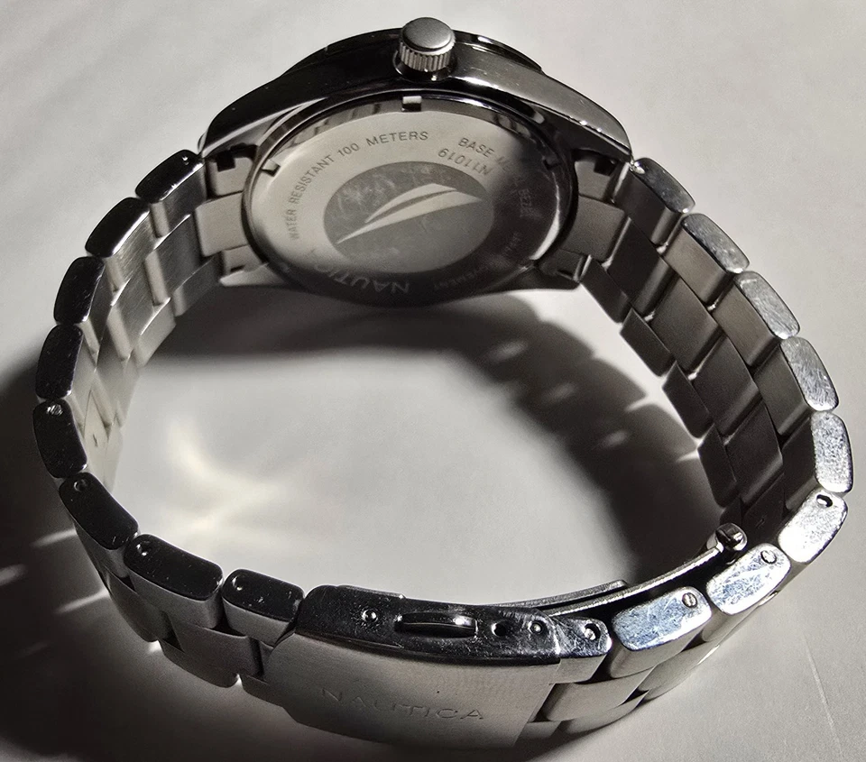 Reloj Hombre Nautica N11019 Cuarzo Esfera Azul Negro Acero Inoxidable 8" Dia Pulsera Foto 4 de 4