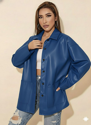 Lambskin Genuine Women Shirt Blue Stylish Leather Handmade Casual Formal Office