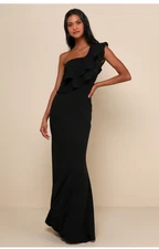 Lulus Maxi Dress Medium Grand Beauty Black Ruffled One-Shoulder Mermaid Gown