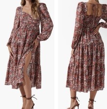ASTR The Label Floral Pleated Midi Dress Rust Multi Long Sleeve Smocked M NWT