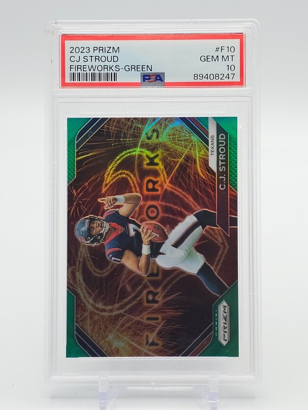 C.J. STROUD 2023 PANINI PRIZM FIREWORKS GREEN ROOKIE RC #F-10 PSA 10 Q7331