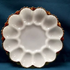 Vtg Anchor Hocking Milk Glass W/ Gold Scalloped Trim 10" Deviled Egg Plate Tray 