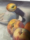 Oil Painting On Canvas Signed Still Life Fruit Peach Tea Cup Low Light Art — photo 3