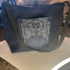 Handmade Dark Blue Denim Tote With Embroidered Pocket 12  Wx10  H