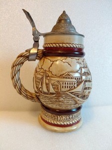 Avon Ceramic Beer Stein Tall Ships Embossed Handcrafted From Brazil Vintage 1977