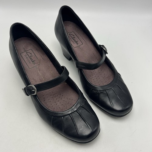 Scarpa elegante Clarks Mary Jane tacco donna 6 M nera pelle fibbia aria attiva - Foto 3 di 10
