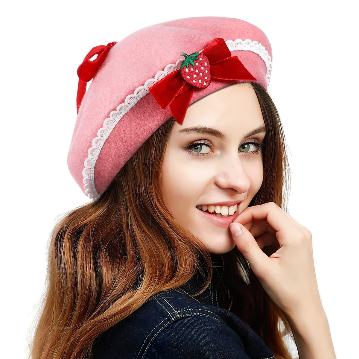 Womens Wool Strawberry Hat Pink Beret Bowknot Pearls French  display picture 2