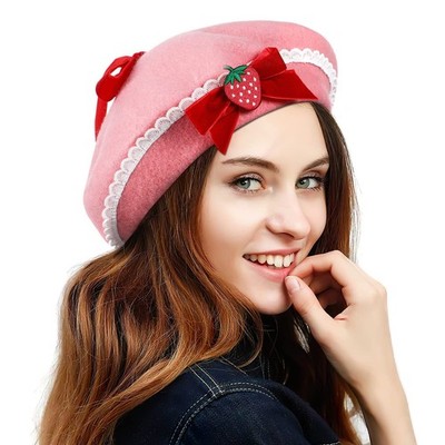 7367 Pink Wool Felt Fascinators Hat For Women- Elegant Beret With Bowknot Amazon.com: BLESSI Fashion Wool Pom Pom Bowknot Cute Beret  main image 3