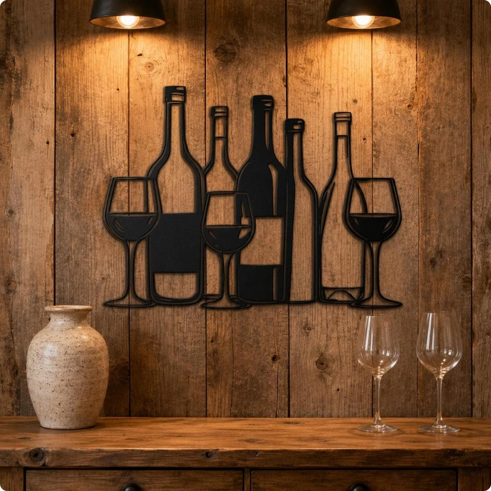 Décor Mural Vin Métal Style Minimaliste Silhouette Découpée Vinicole Cadeau - Photo 1/4