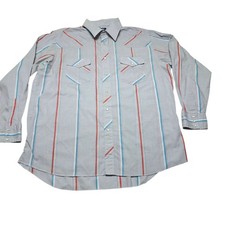 Vintage Wrangler Western Shirt Men s Size 17 x35 Blue Red Striped Cowboy Cut USA