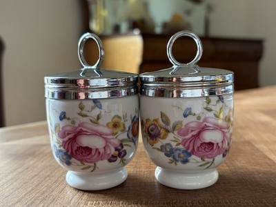 VINTAGE ROYAL WORCESTER ENGLAND ROSE FINE PORC. EGG CODDLER W/METAL LID (Set 2)