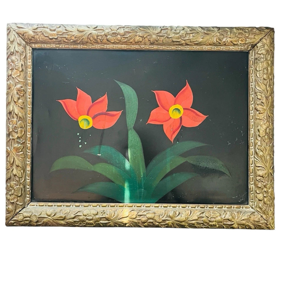 Antigua pintura de arte popular con flores óleo sobre panel de hojalata flores anaranjadas hoja verde Foto 2 de 4