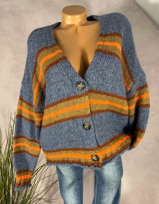 Damen Grobstrick Cardigan Streifen Oversize weich cozy Vintage look One Size  M1