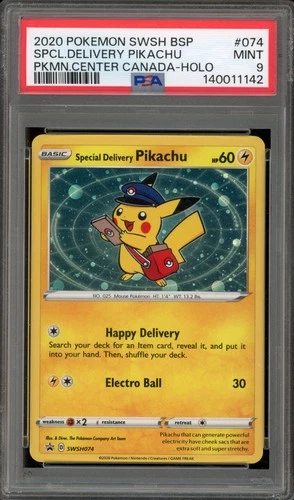 Pokemon Special Delivery Pikachu P.M. Center Canada Holo Promo SWSH074 PSA 9