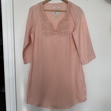 Malvin I love Linen Medium 3/4 Sleeve 100% Linen Tunic Dress Embroidered Peach 