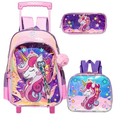 Unicorn Rolling Backpack for Girls with Wheels - Elementary Backpack Set with...
