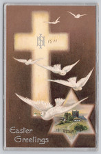 Postcard Easter Greetings Cross Doves and Inset Star of David
