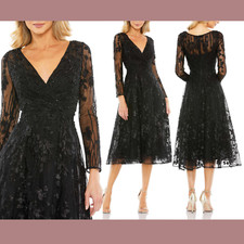 NWT $598 Mac Duggal [ 18 ] Embellished Floral Long Sleeve Midi Dress Black G1406