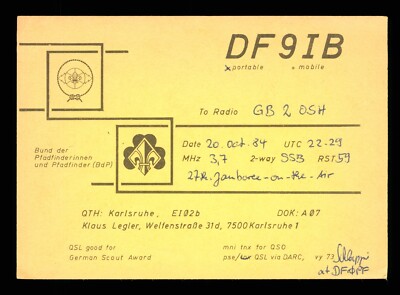 QSL Card Radio Germany DF9IB Klaus Legler 1984 Karlsruhe 1   Scout   W749