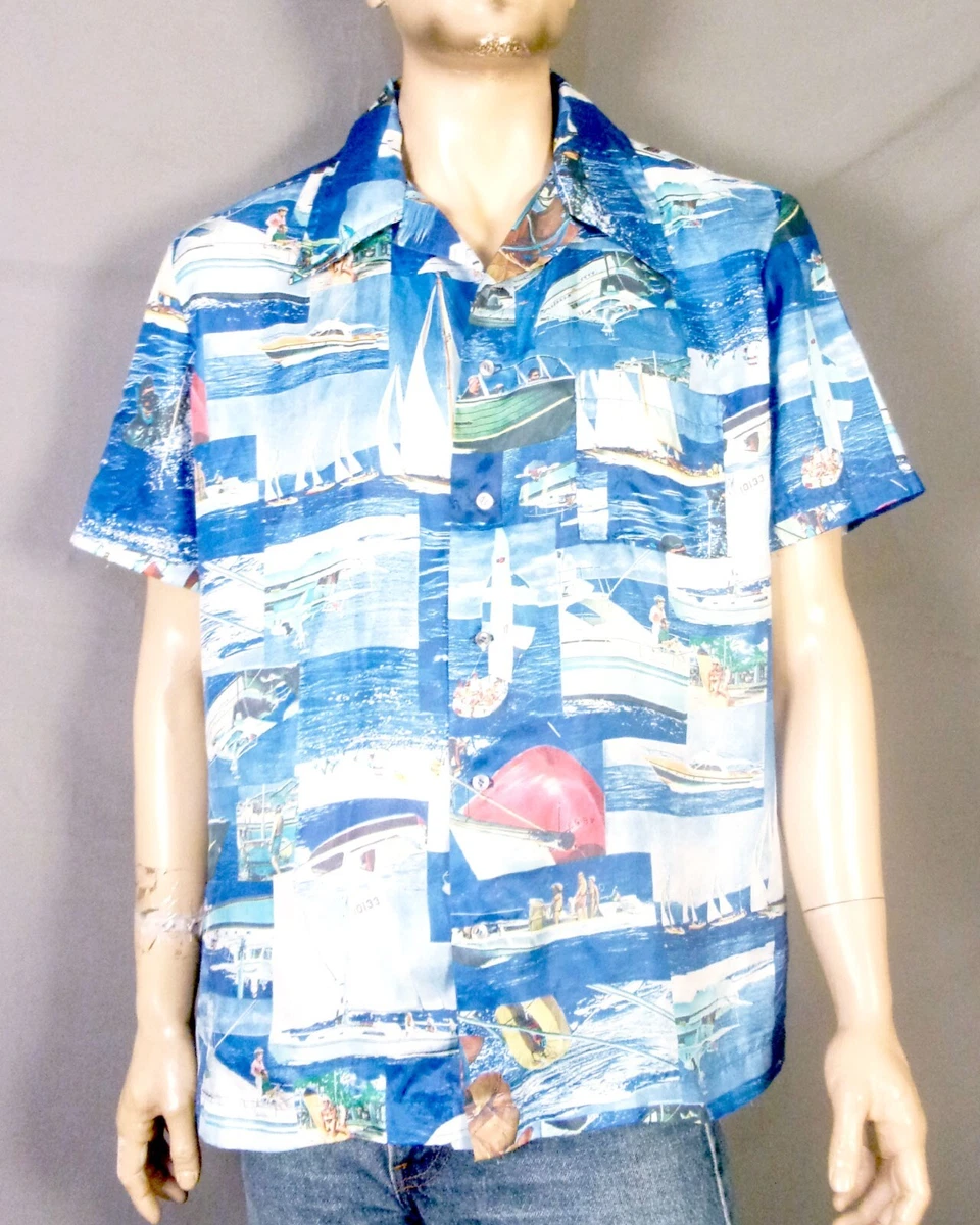 vintage 70s RARE Yacht Theme Real Photo Shirt AOP Nylon Disco Big Collar Camp XL