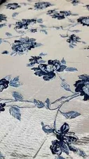 Brocade Fabric Sold By The Yard Navy Blue Floral On Beige Background Textured 