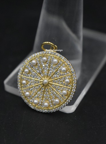 Beautiful Disc Silver Pearl Diamond Charm Handmade Pendant Jewelry,Gift - Picture 2 of 2