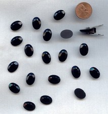 24 VINTAGE GLASS JET BLACK 14x10mm. TABLE TOP FACETED OVAL CABOCHONS 3416