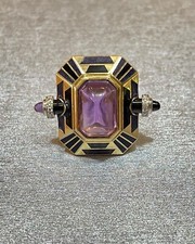 Art Deco Egyptian Revival Cartier 18k YG Amethyst Onyx Enamel Diamond Ring