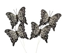 12PC 4" Black Silver Glitter Feather Butterflies Craft DIY Wedding Cake Topper